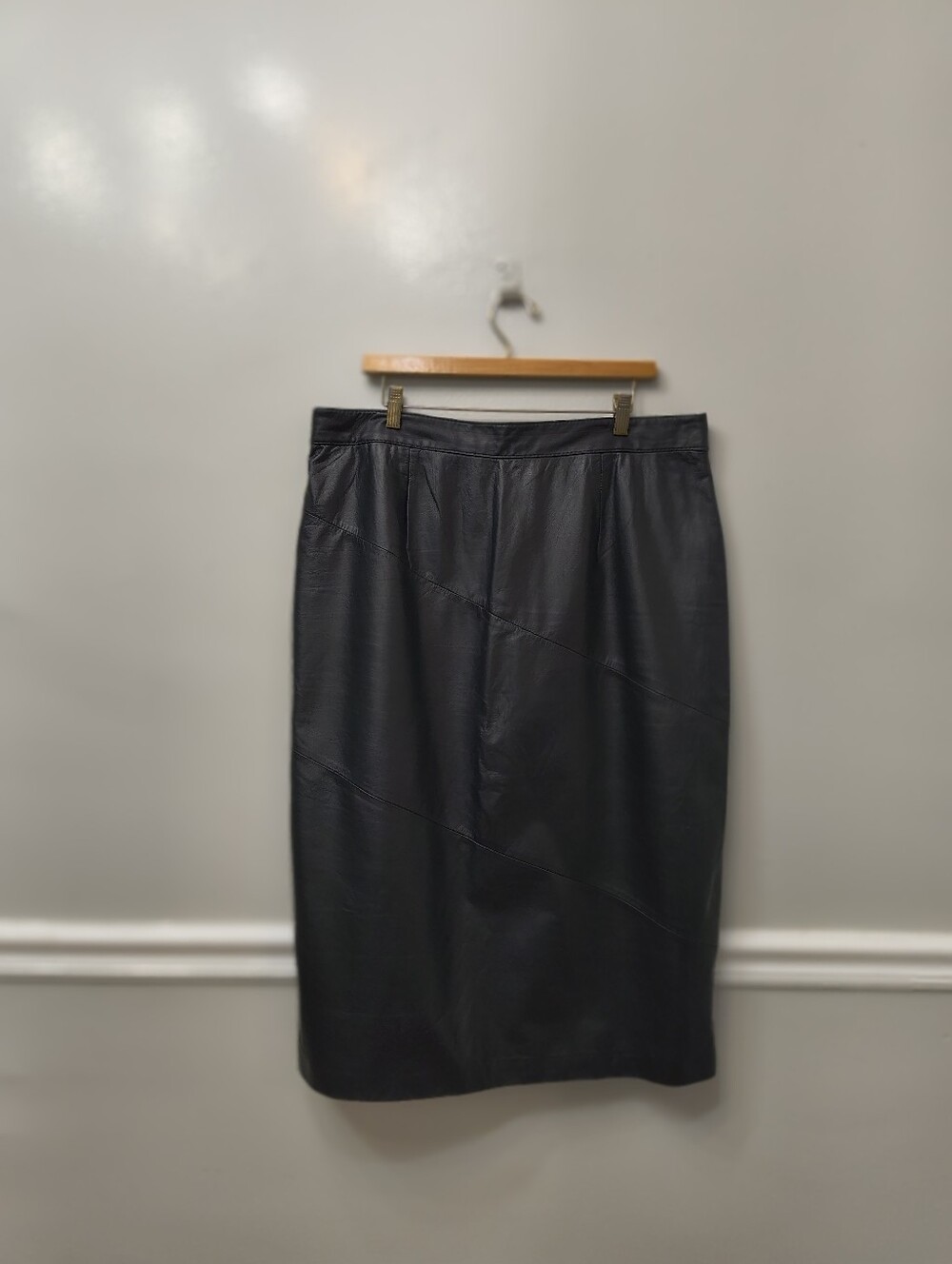 Vtg CHIA 100% Genuine Black Leather Panel Sleek Pencil Skirt Size20 Retro Y2K